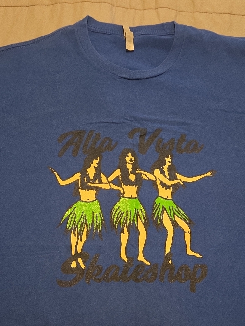 Alta Vista Skate Shop Blue Tee with Yellow & Green Hula Graphic